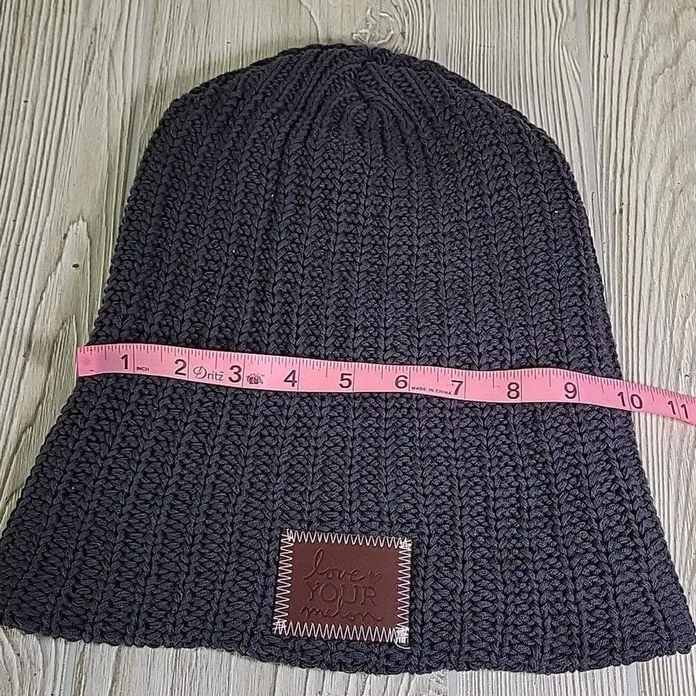 Love Your Melon Chunky Knit Beanie Hat Brown Logo Patch